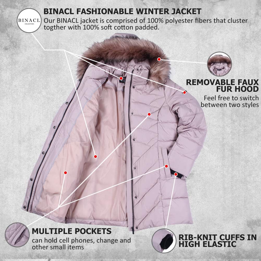 Women's Long Puffer Parka Coat Faux Fur Hood Pink