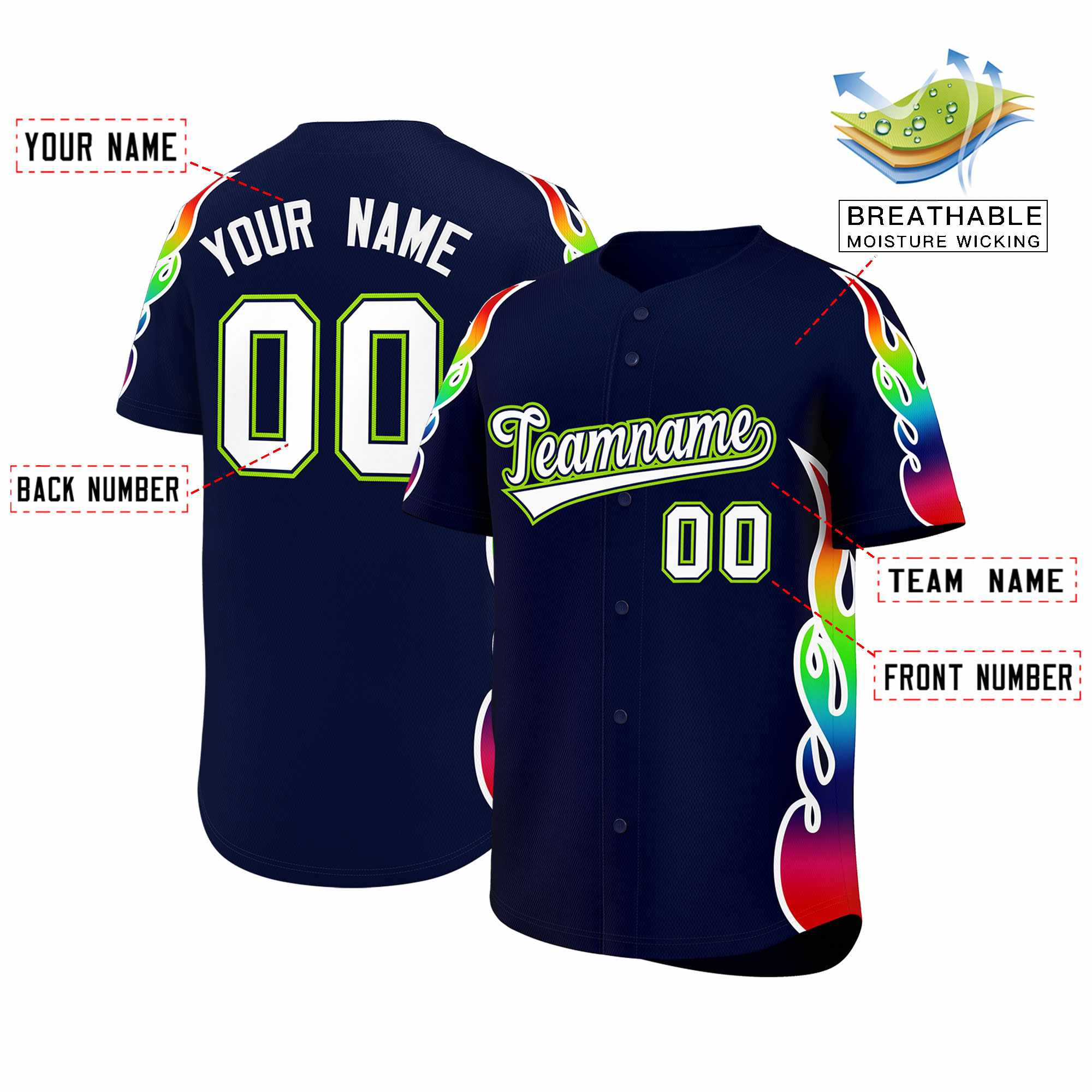 Benutzerdefiniertes Graffiti-Muster, personalisierter mehrfarbiger Flammendruck, authentisches Baseball-Trikot