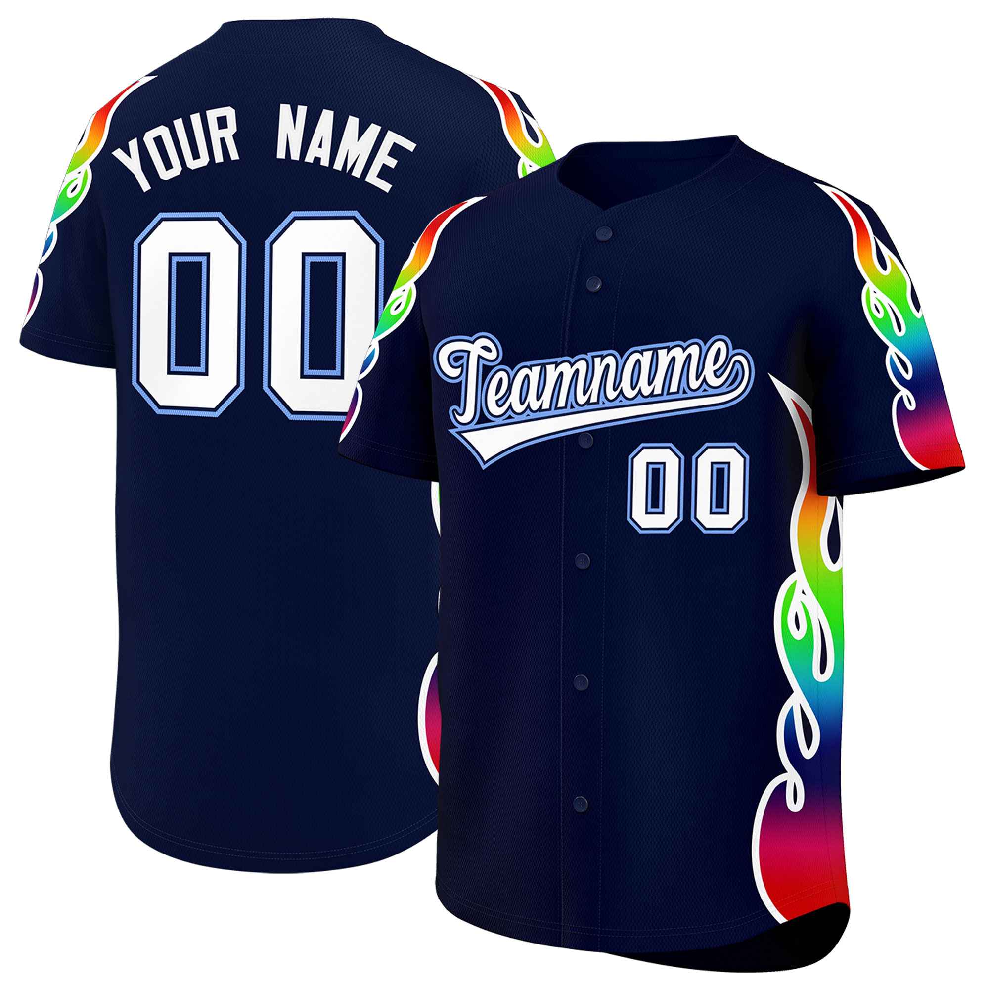 Benutzerdefiniertes Graffiti-Muster, personalisierter mehrfarbiger Flammendruck, authentisches Baseball-Trikot