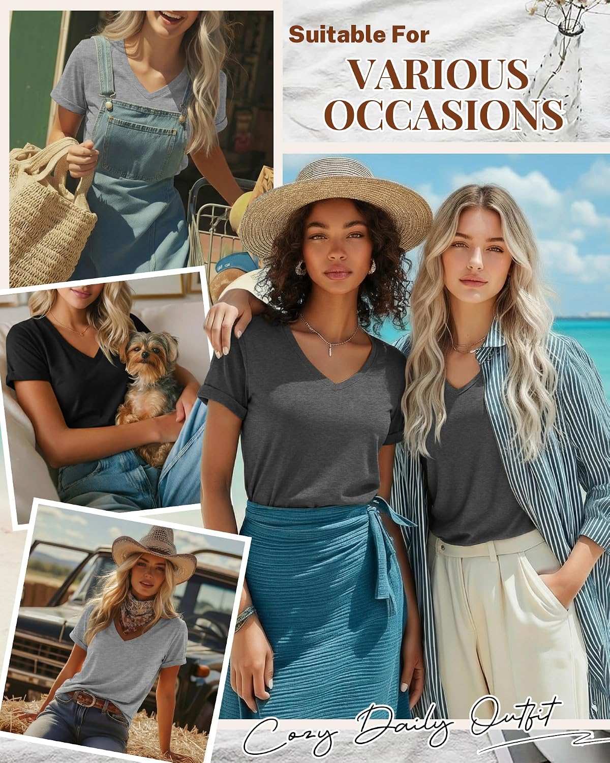 Women's 3 Pack Rolled Sleeve V Neck T-Shirts