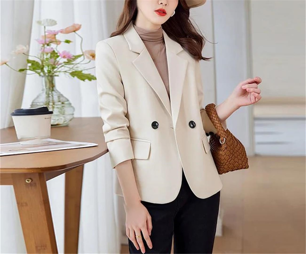 Women's Double Button Slim Fit Blazer Brown Women's Double Button Slim Fit Blazer Brown