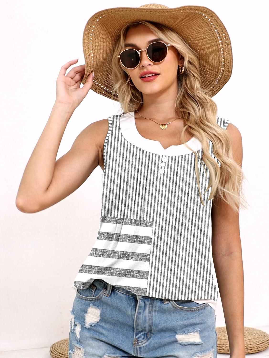 Women's Striped Sleeveless Tank Top Pleated Scoop Neck