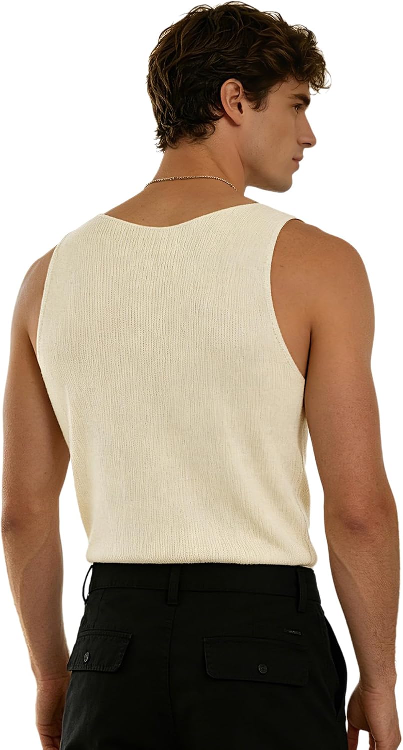 Men's Rhinestone V Neck Knit Tank Top Cream Men's Rhinestone V Neck Knit Tank Top Cream