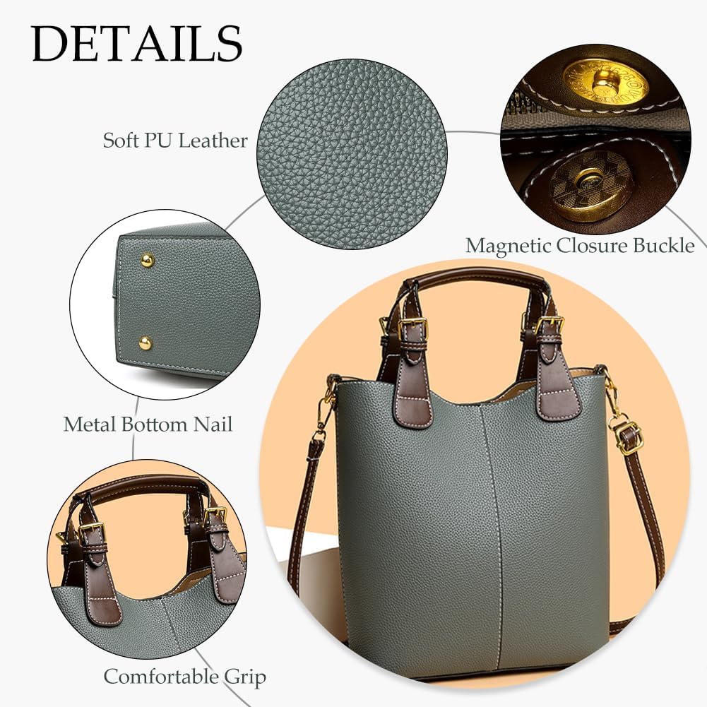 Women's Vegan Leather Bucket Handbag with Strap, Green Women's Vegan Leather Bucket Handbag with Strap, Green