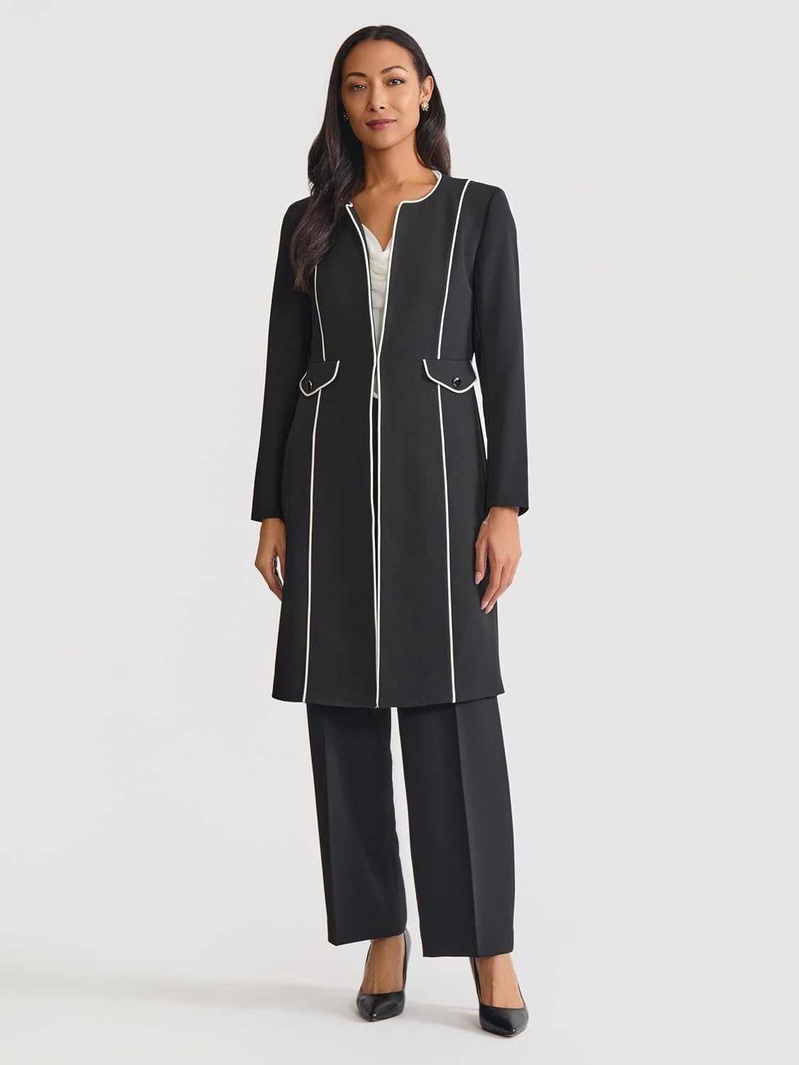 Women's Piping Trim Longline Topper Coat Black