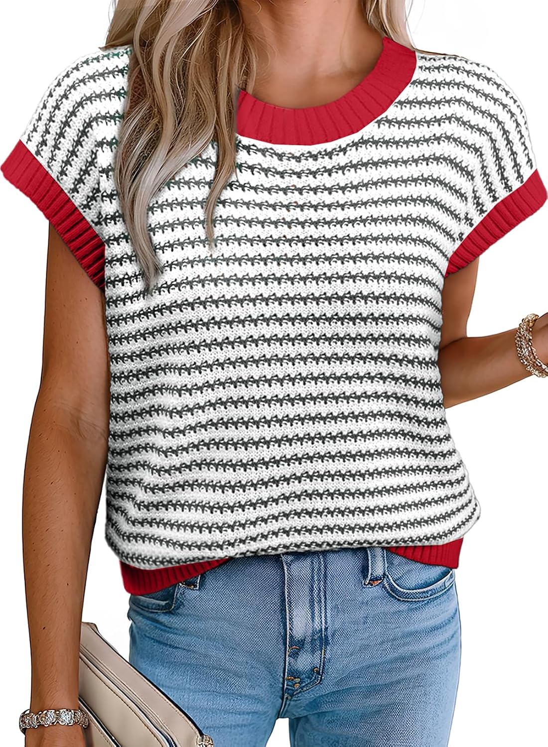 Women's Striped Crew Neck Cap Sleeve Sweater