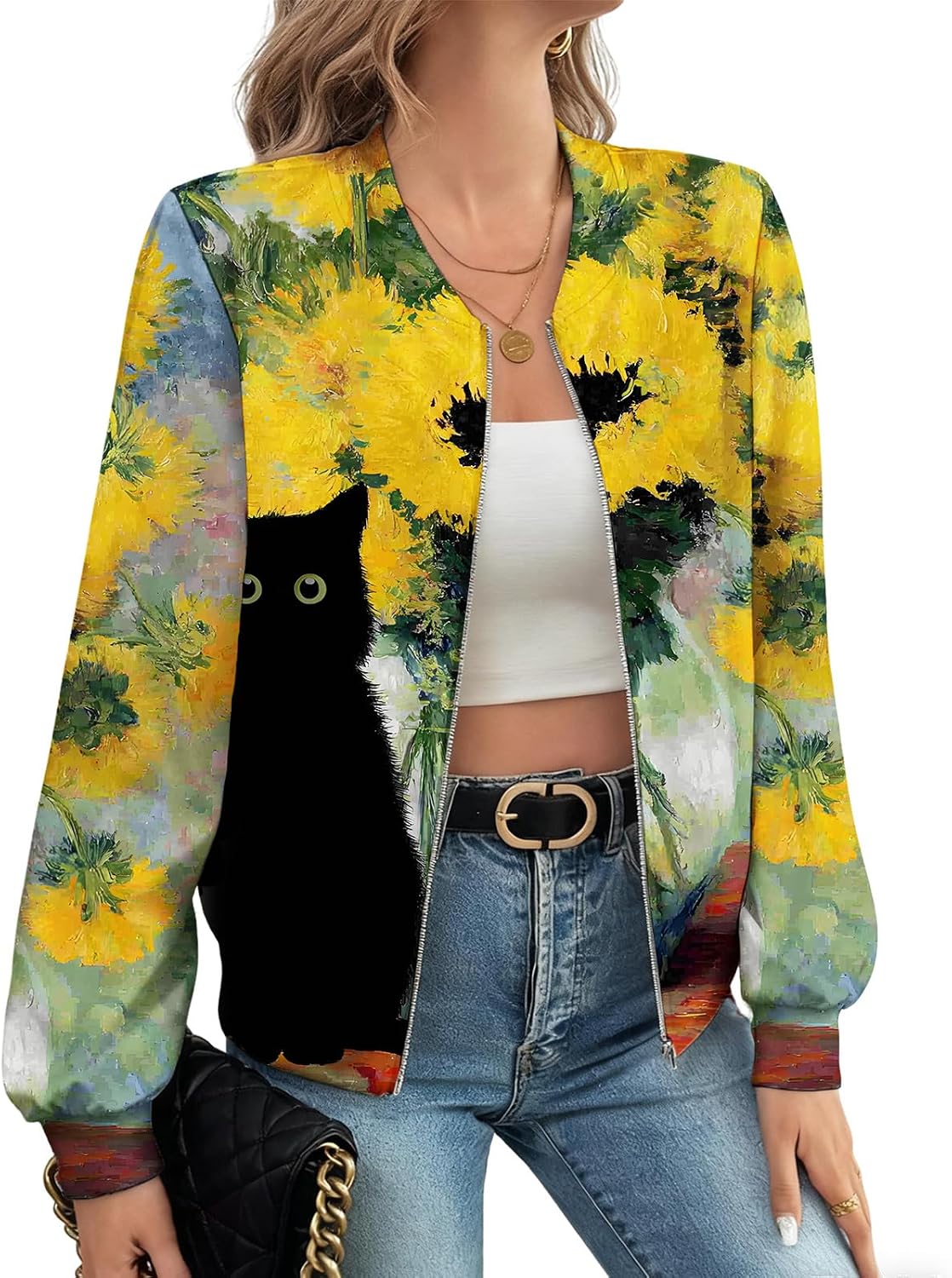 Vintage Fall\ Winter Casual Animal Print Graphic Coat Women's Basic Crew Neck Long Sleeve Bomber Jacket