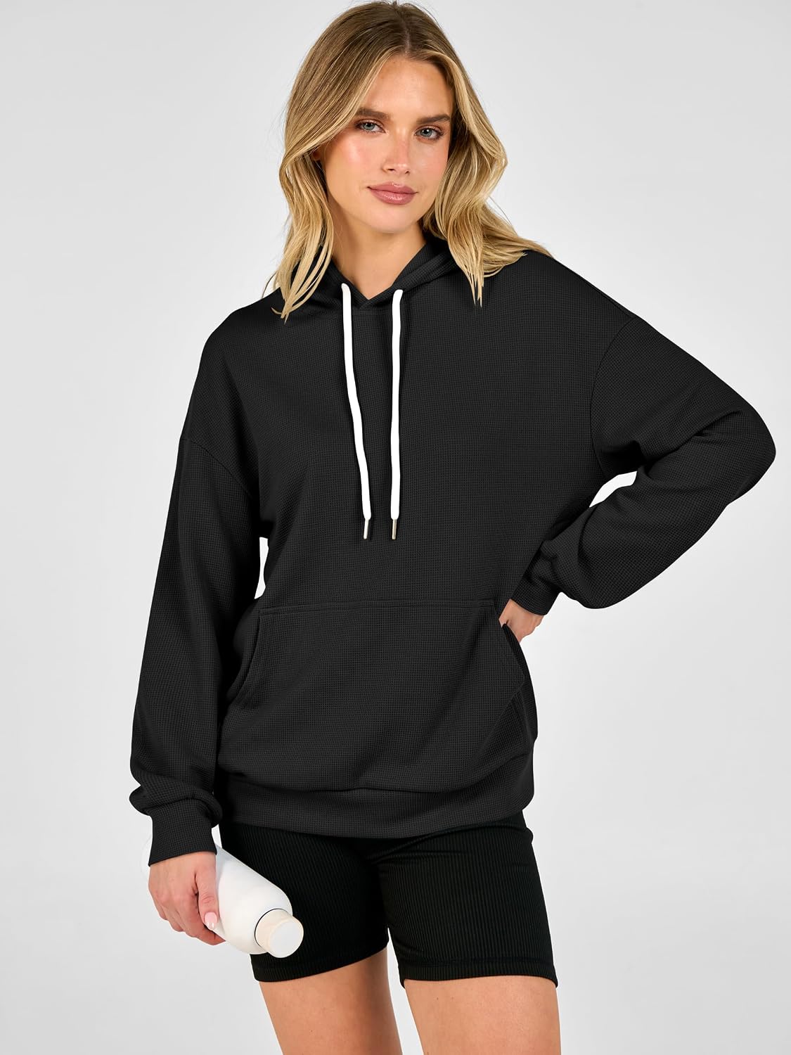 Women's Waffle Knit Hoodie Loose Fit Sweatshirts Drawstring Pullover Tops with Pocket Travel Wear Clothes Fall Winter Outfits