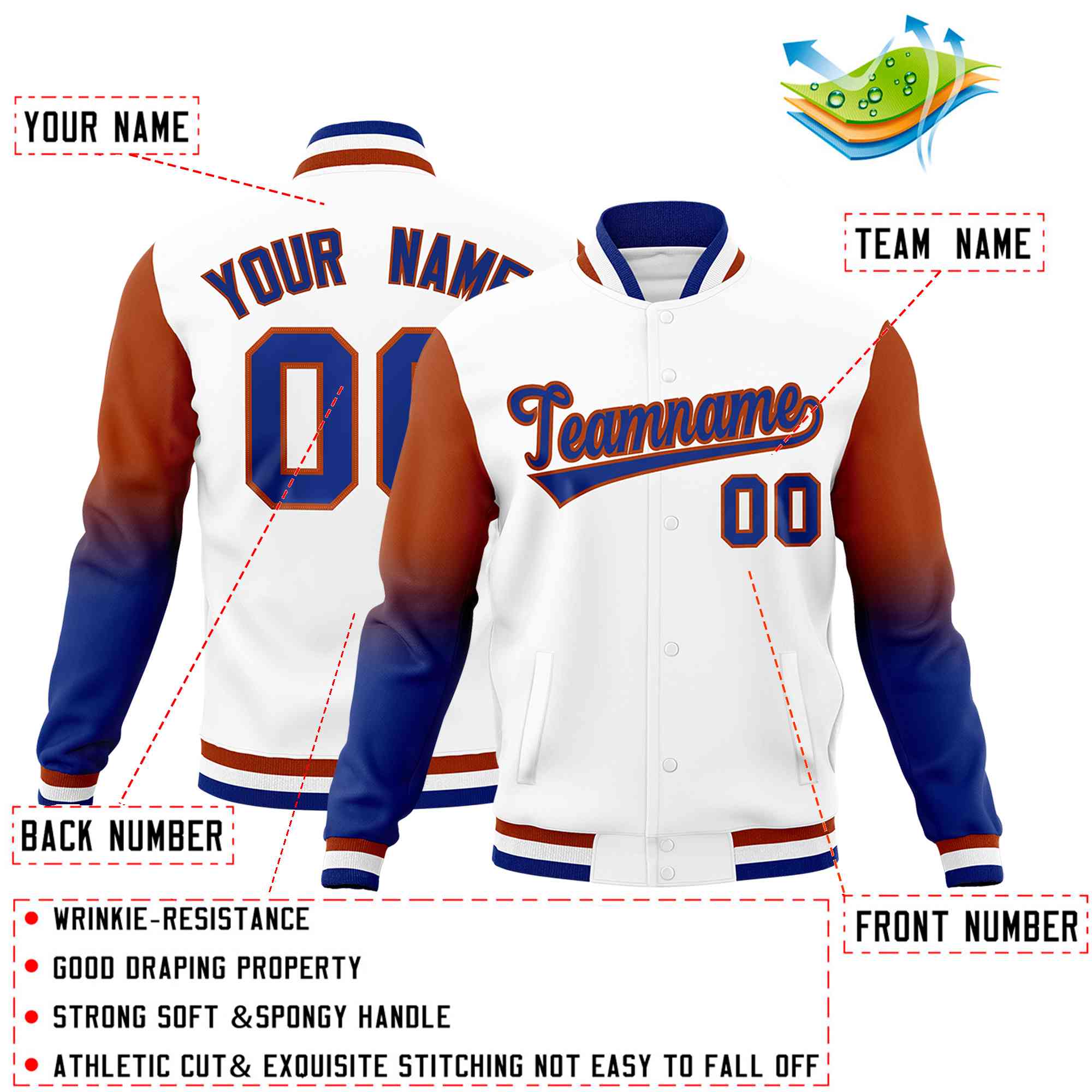 Custom White Royal Blue Dark Orange Full-Snap Varsity Raglan Sleeves Gradient Letterman Jacket