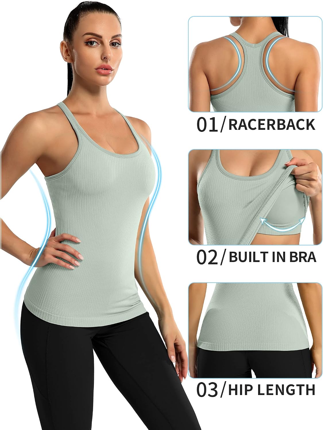 Women's Ribbed Racerback Workout Tank with Bra Sage Green