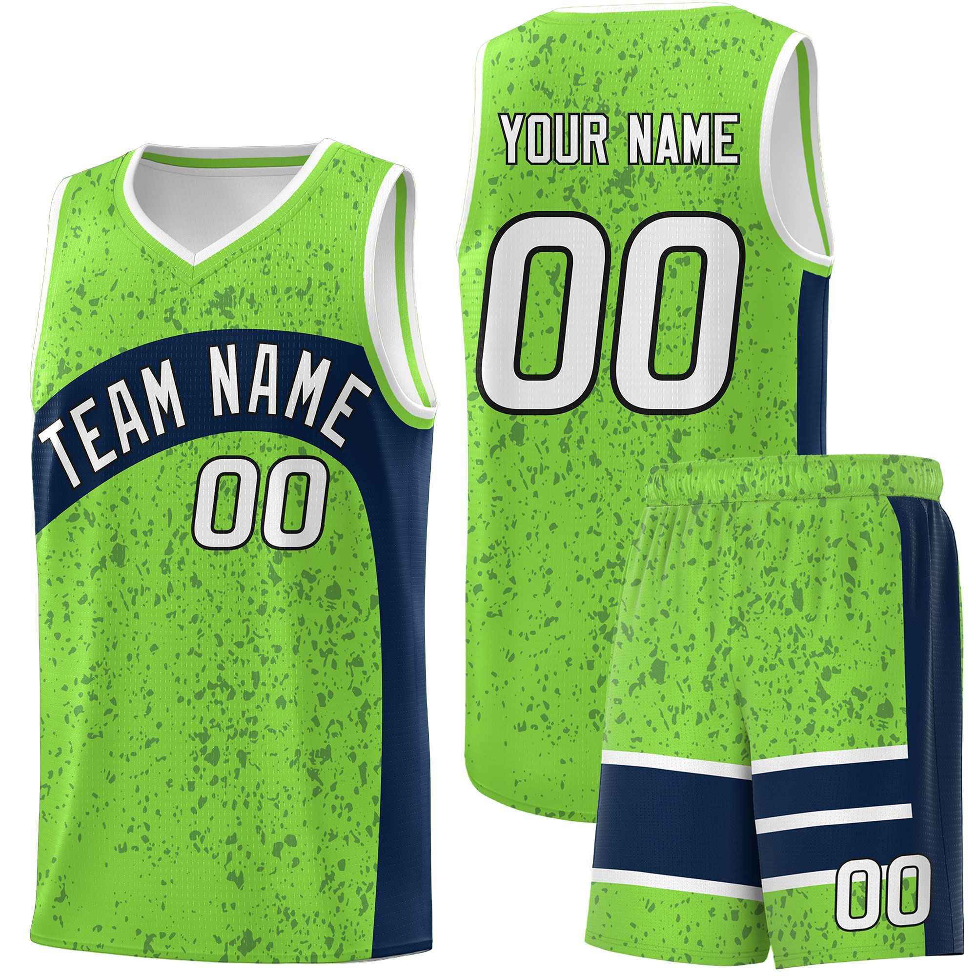 Benutzerdefiniertes fluoreszierendes grünes Marine-Punkt-Graffiti-Muster mit unregelmäßigen Teamnamen Sportuniform-Basketballtrikot