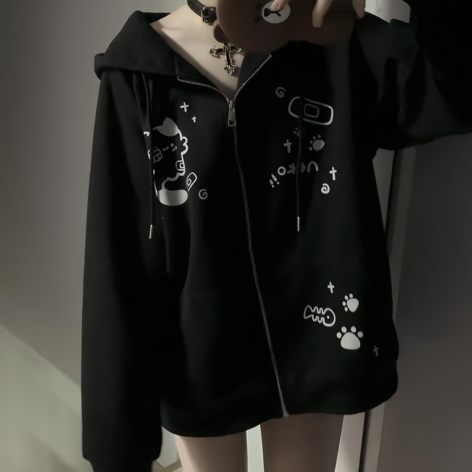 Womens Y2K Zip Up Cute Graphic Hoodies Cat Ears Cartoon Harajuku Kawaii Clothes Oversize Streetwear Jacket