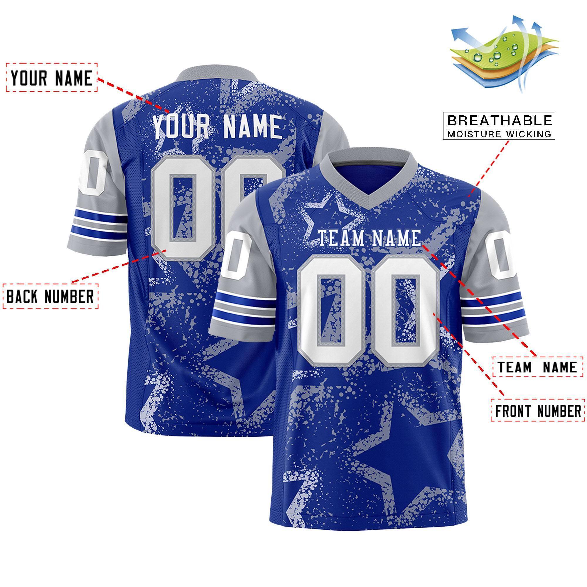 Individuell personalisiertes, authentisches Fußballtrikot mit Sternmuster-Design Individuell personalisiertes, authentisches Fußballtrikot mit Sternmuster-Design