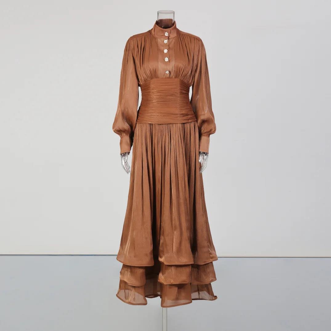 Women's High Neck Maxi Dress Puff Sleeve Ruched Champagne Women's High Neck Maxi Dress Puff Sleeve Ruched Champagne