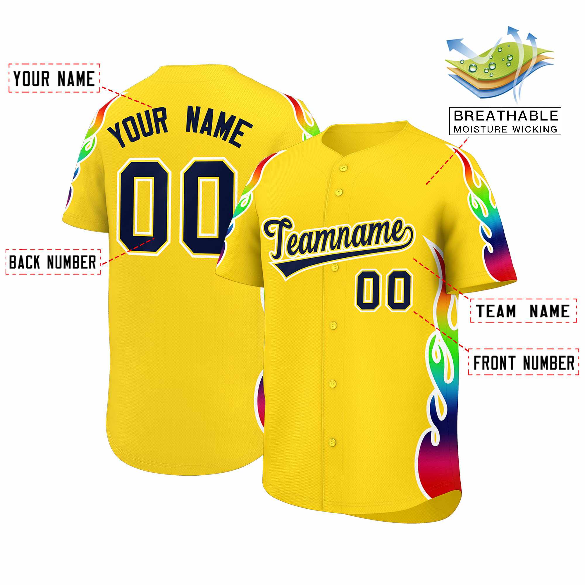 Benutzerdefiniertes Graffiti-Muster, personalisierter mehrfarbiger Flammendruck, authentisches Baseball-Trikot