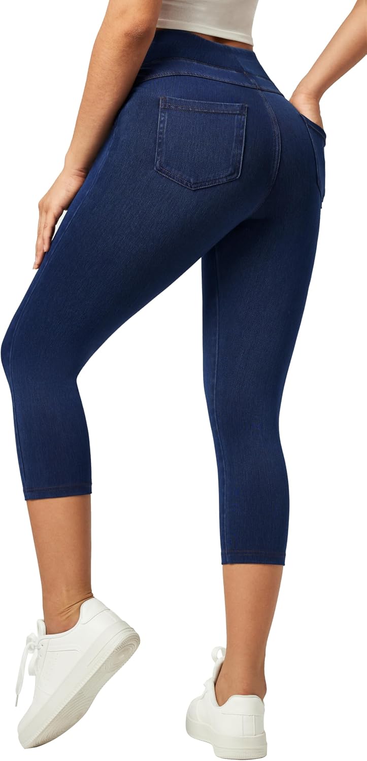 Women's High Waist Capri Jeans Dark Wash Pull On