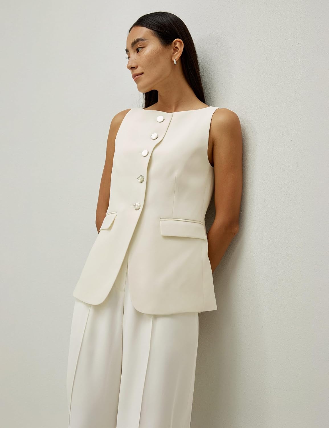 Women's Silk Blazer Vest Button Front Boatneck Ivory Waistcoat