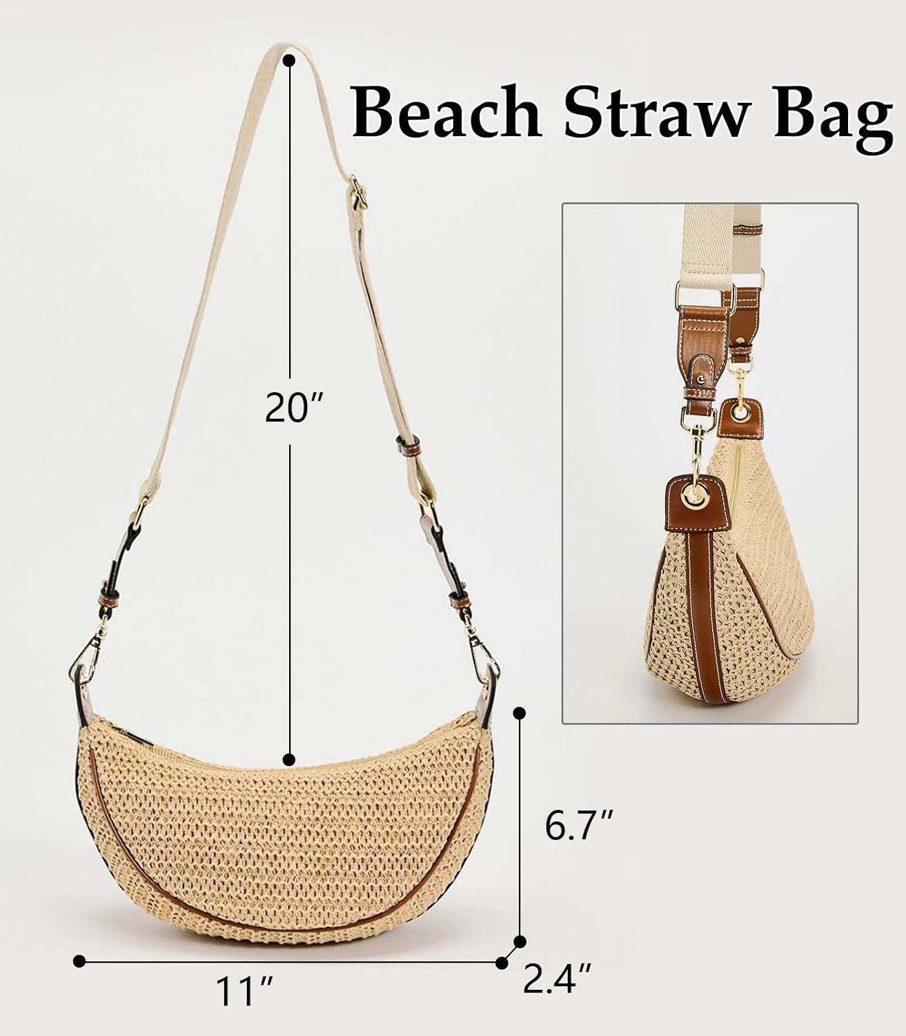 Women's Beige Straw Crescent Crossbody Bag Woven Hobo Purse