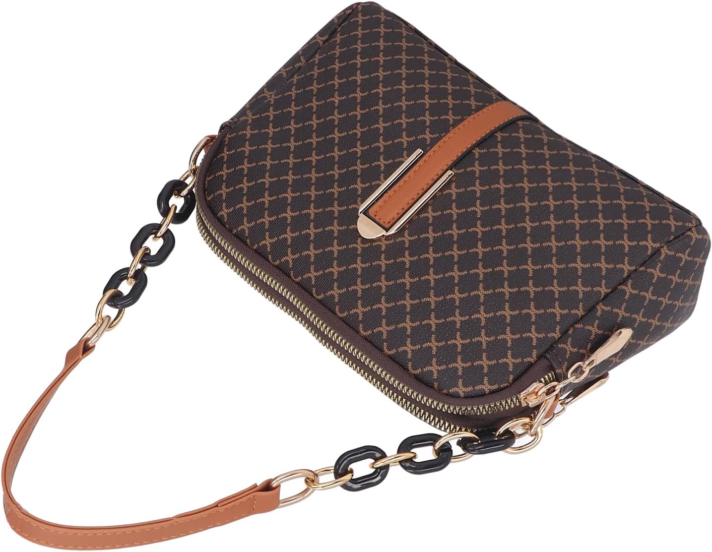 Women's Vintage Diamond Print Chain Shoulder Satchel Brown Women's Vintage Diamond Print Chain Shoulder Satchel Brown
