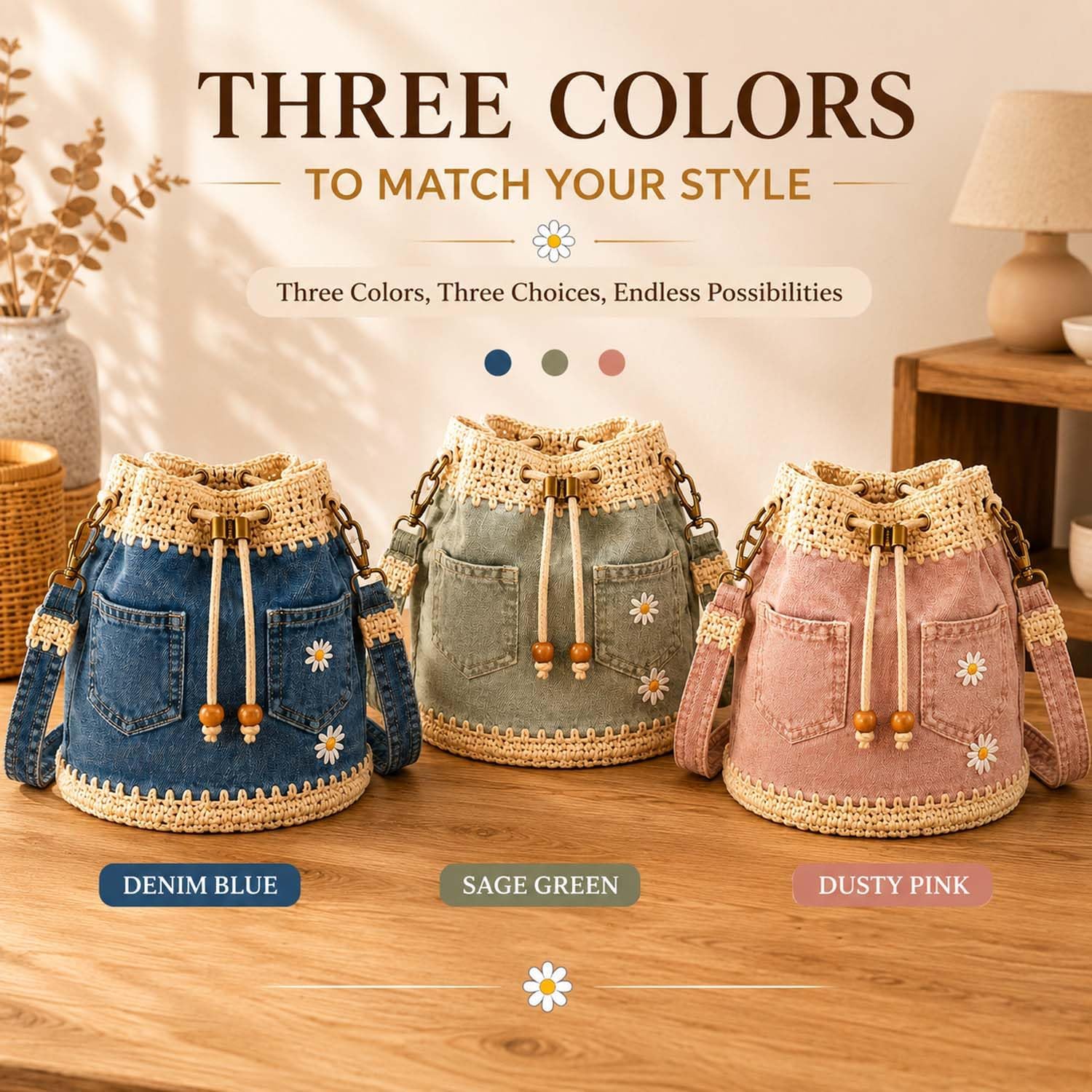 Women's Denim Crochet Bucket Tote Bag Blue Women's Denim Crochet Bucket Tote Bag Blue