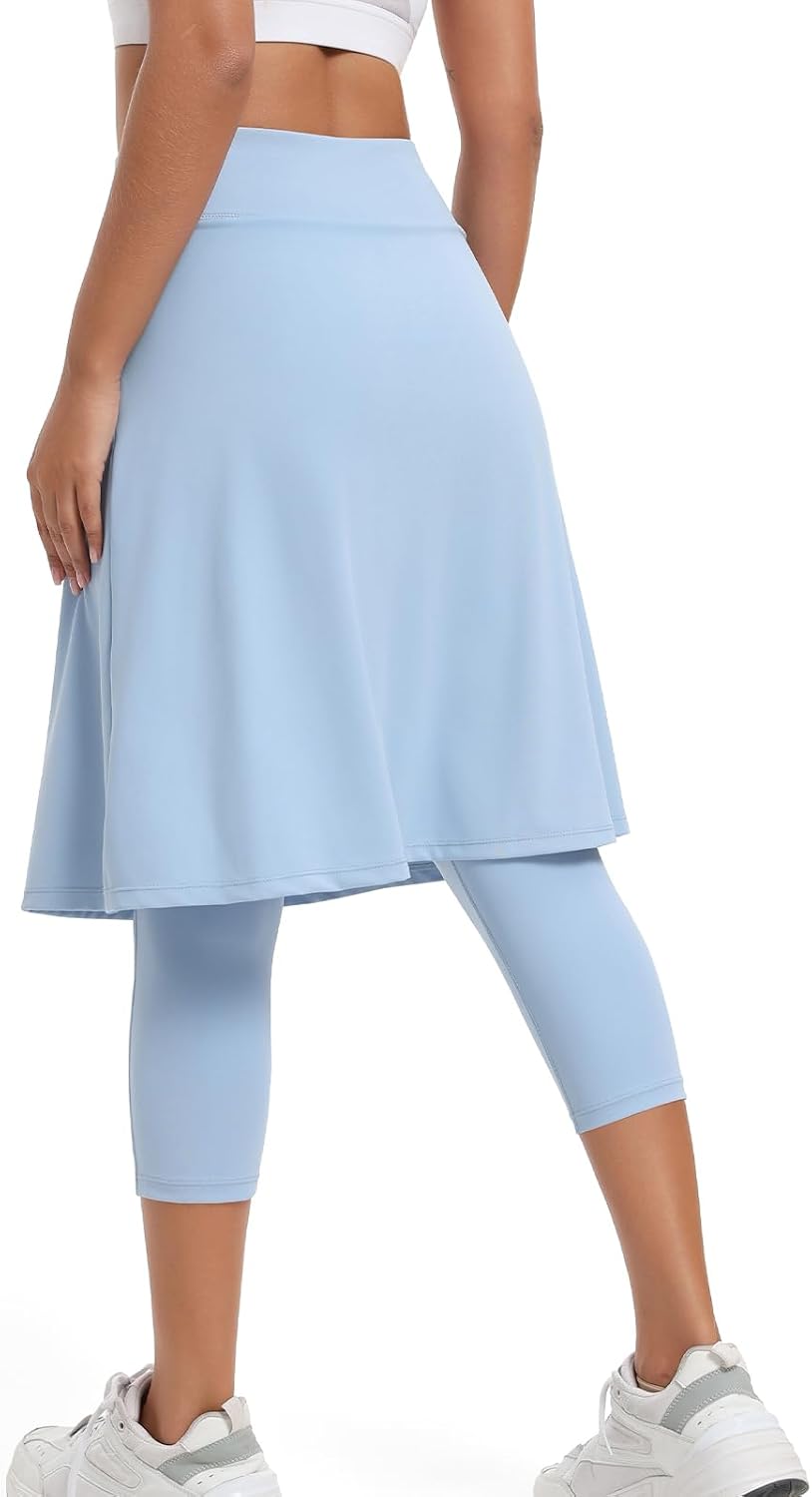 Women Athletic Knee Length Skirts with Leggings Yoga Skorts Leggings Arc-Shaped Pockets&Women Skirted Capris Skorts
