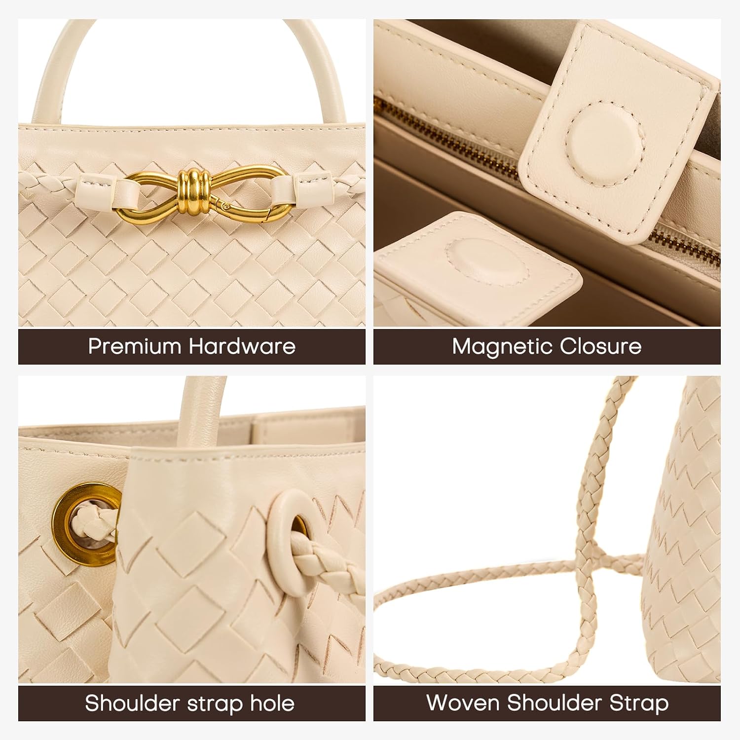 Women's Woven Vegan Leather Top-Handle Bag, Cream