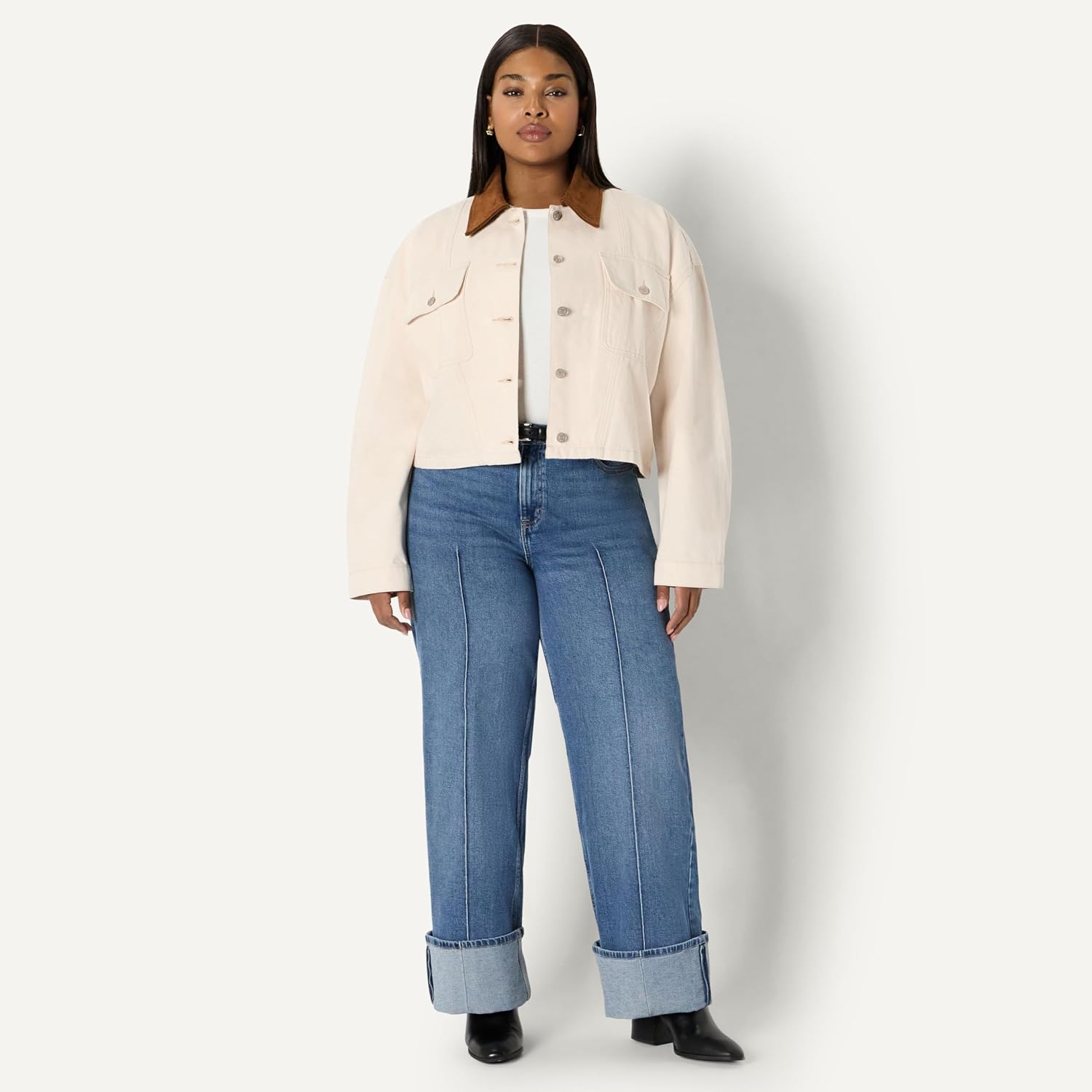 Women's Oversized Cropped Denim Jacket Corduroy Collar