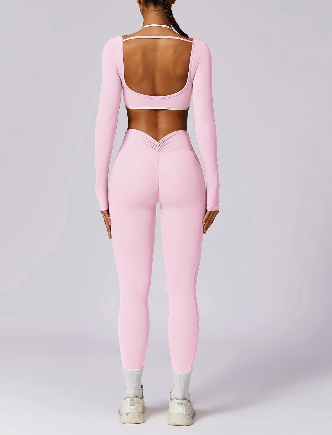 Workout sets for women 2 piece Long Sleeve Yoga Crop Top and High waist Leggings Athletic Gym Sets With pocket