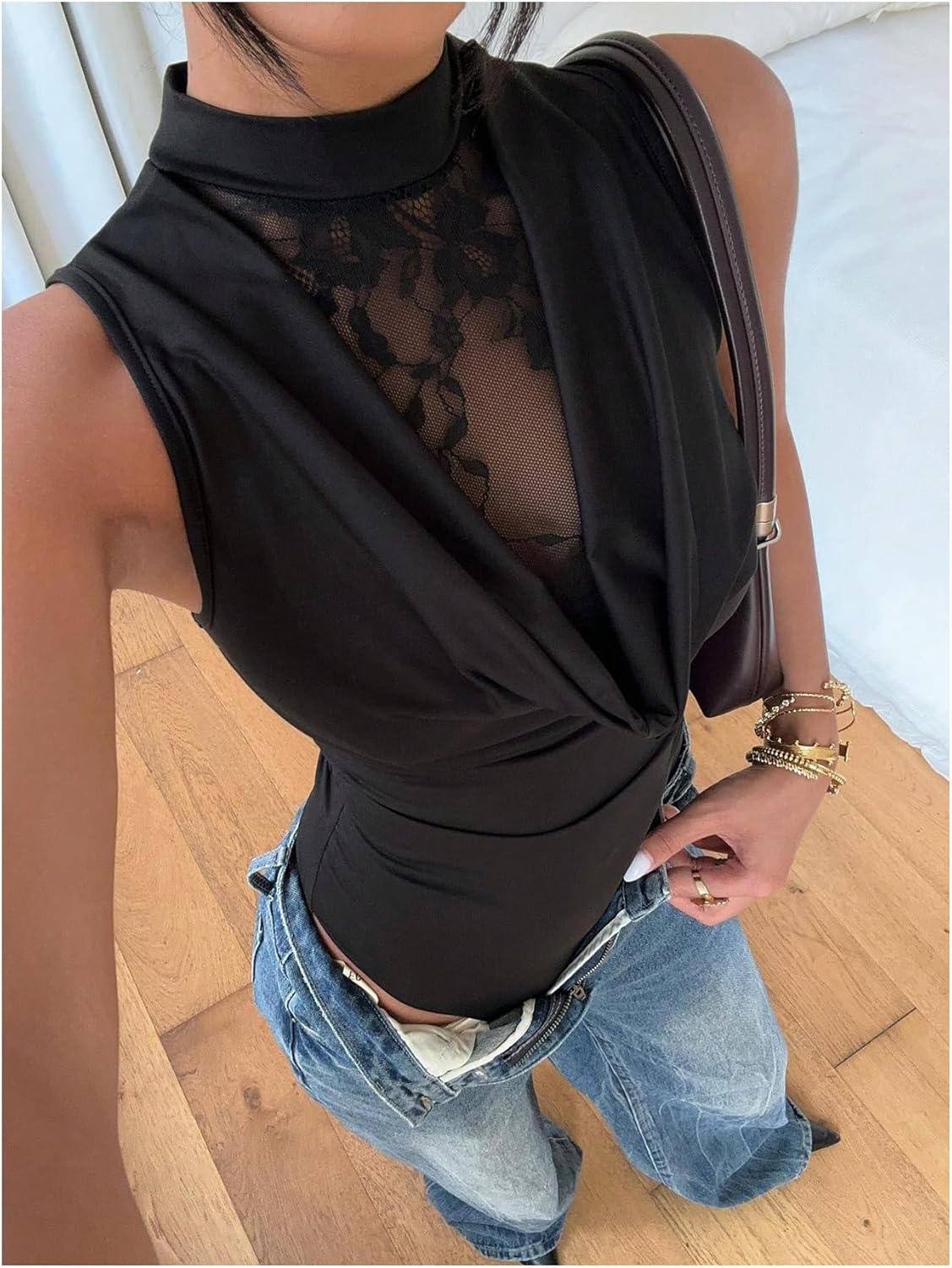 Women's Sexy Lace Draped Mock Neck Bodysuit Ruched Sleeveless Party Night Out Leotard Tops Rave Going