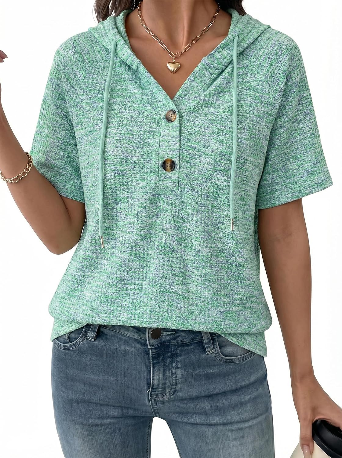 Womens Summer Tops Short Sleeve Button V Neck Waffle Knit Lightweight Drawstring Hoodies Blouses Shirts