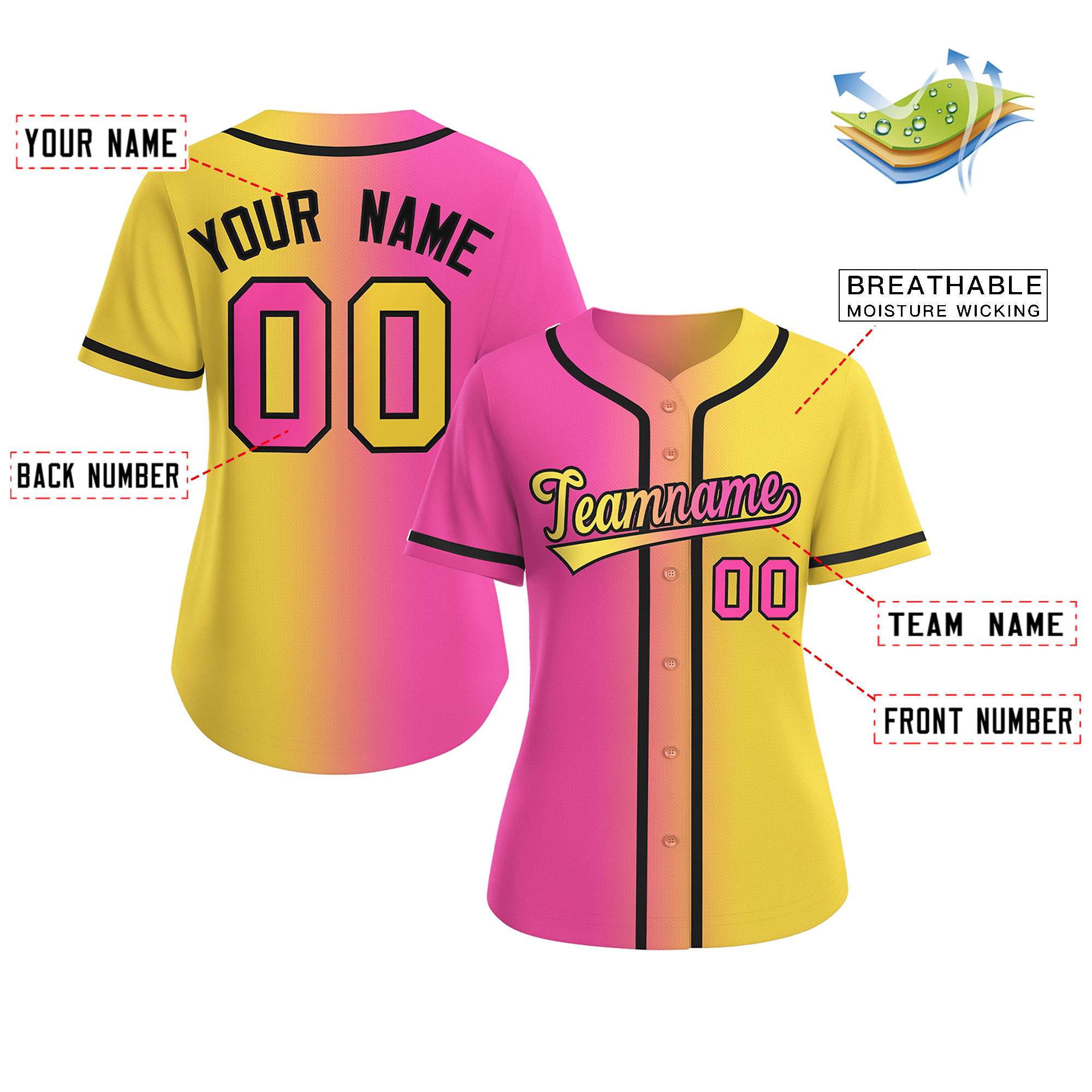 Benutzerdefiniertes, modisches Baseball-Trikot mit Farbverlauf für Damen