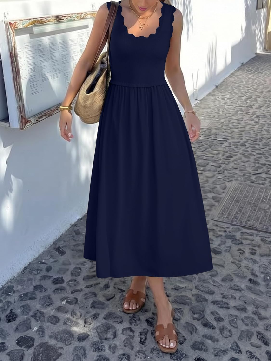 Women's Scalloped Neck Midi Dress Sleeveless Navy with Pockets Women's Scalloped Neck Midi Dress Sleeveless Navy with Pockets