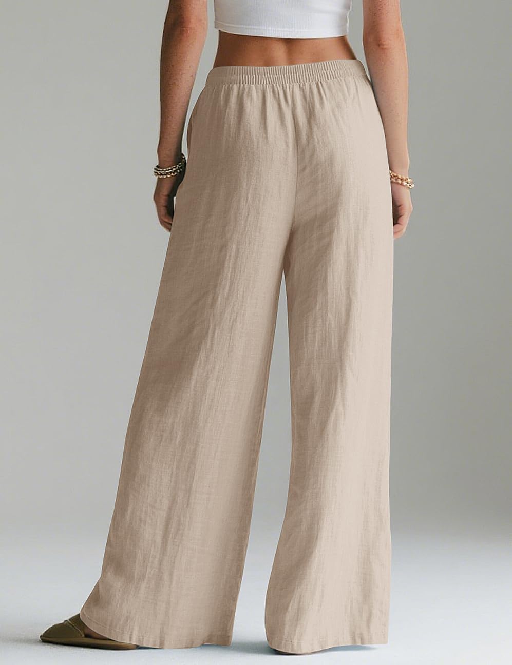 Linen Pants Women Wide Leg Palazzo Summer Flowy Beach Vacation Clothes Elastic Waist Travel Trousers with Pockets