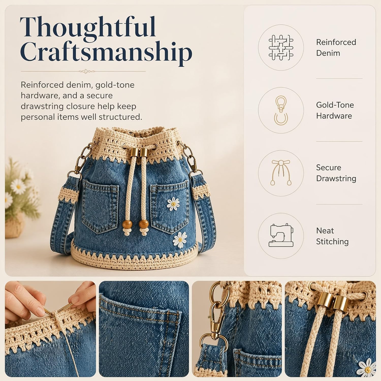 Women's Denim Crochet Bucket Tote Bag Blue Women's Denim Crochet Bucket Tote Bag Blue