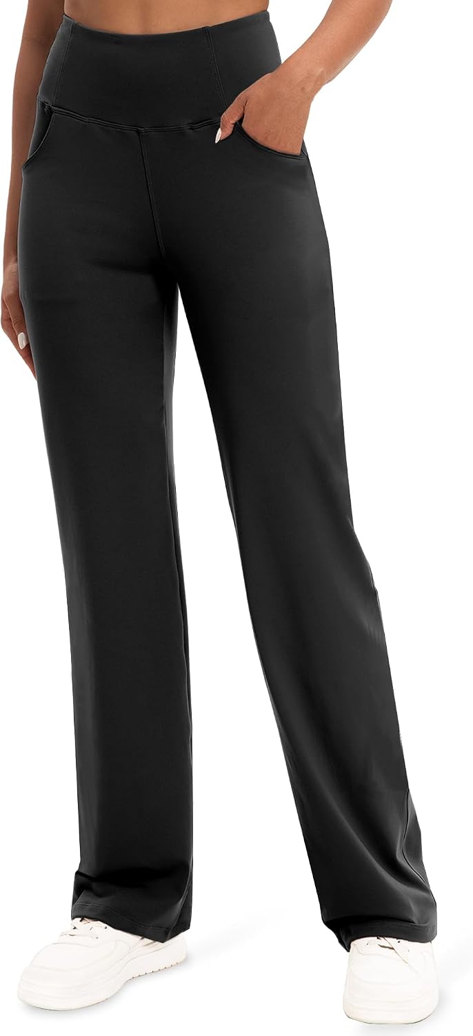 Women's High Waist Straight Leg Yoga Pants with Pockets