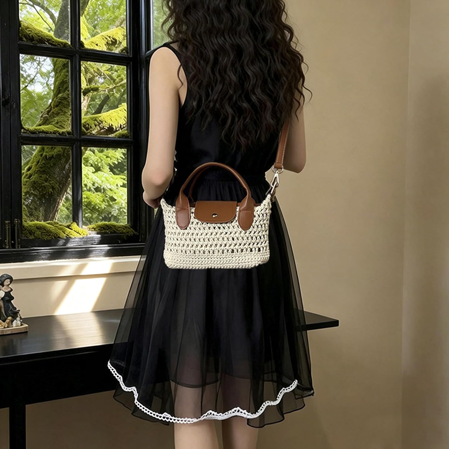Women's Crochet Crossbody Bag with Leather Top Handle
