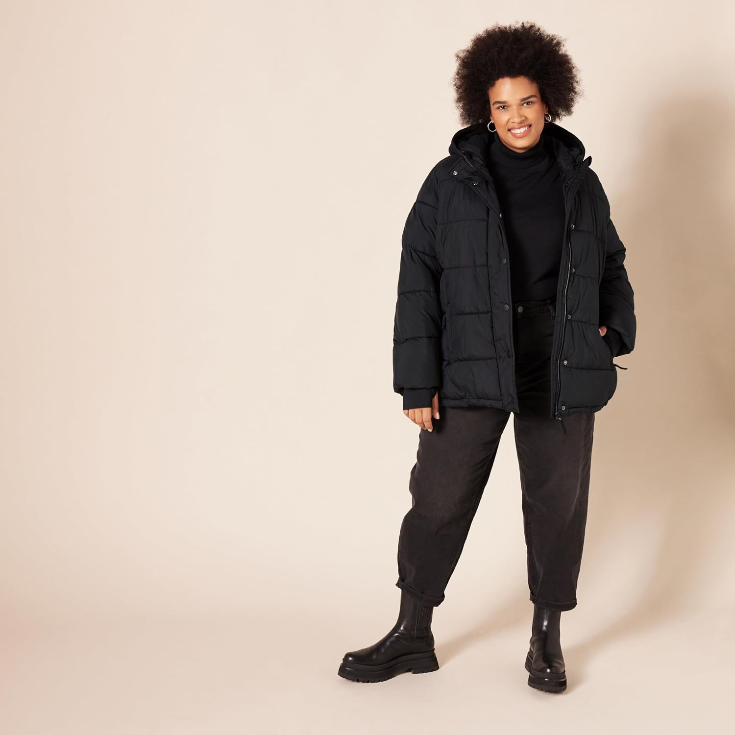 Women's Heavyweight Quilted Hooded Puffer Coat Snap Front Black