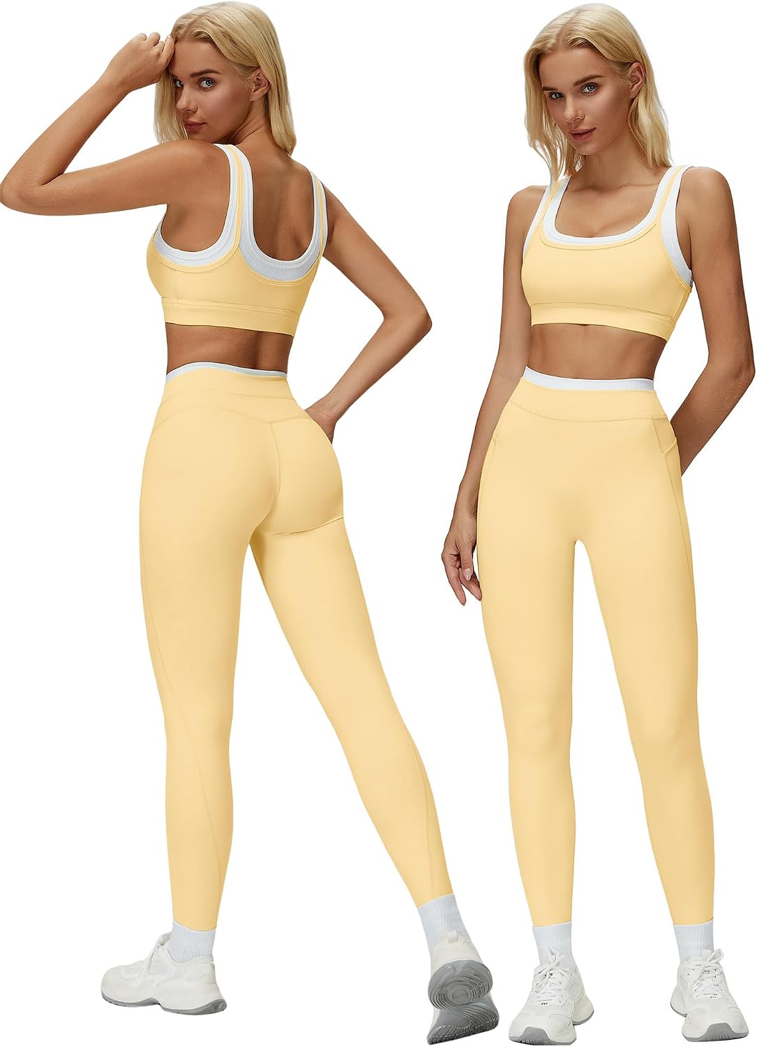 Women's Square Neck Sports Bra Leggings Set Butter Yellow