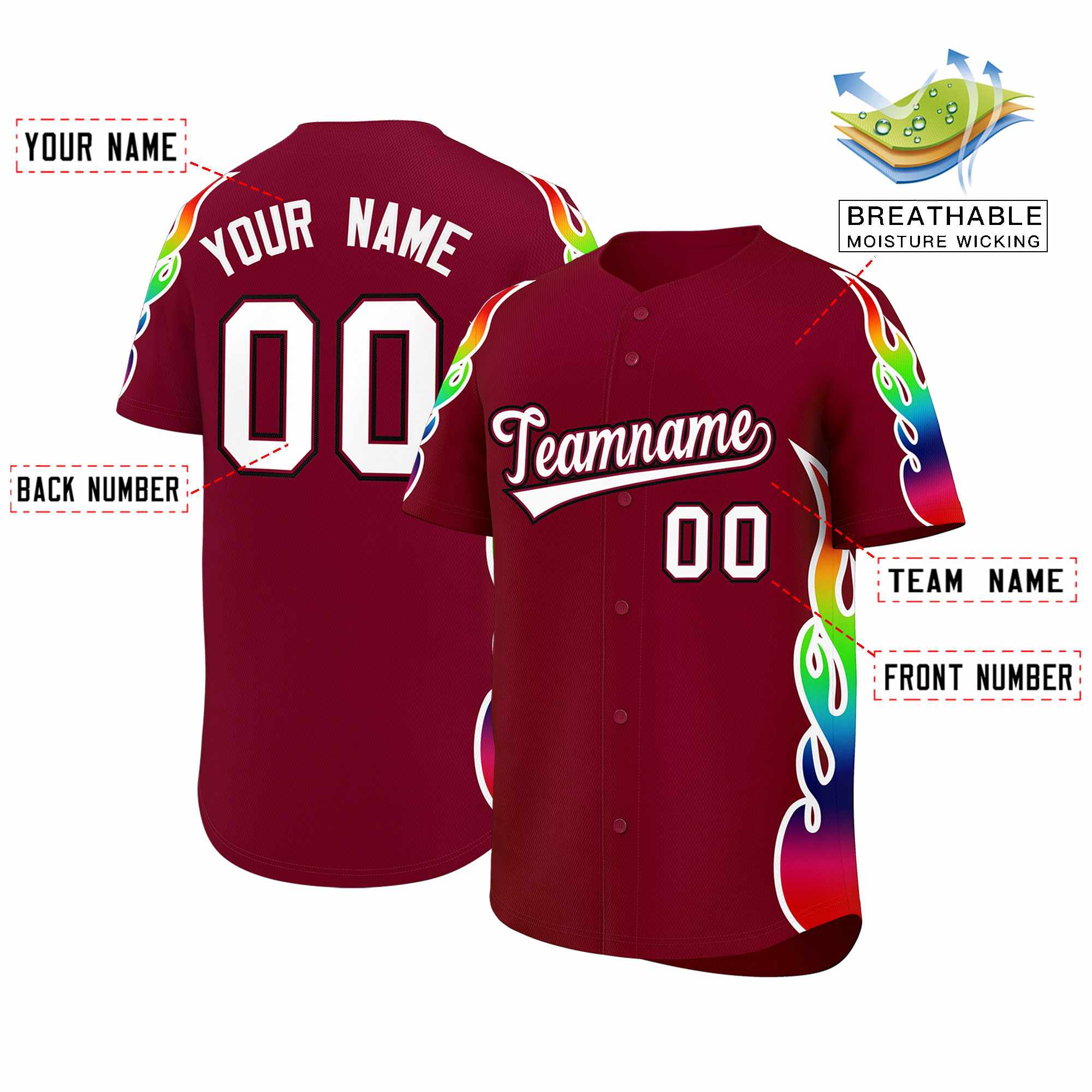 Benutzerdefiniertes Graffiti-Muster, personalisierter mehrfarbiger Flammendruck, authentisches Baseball-Trikot