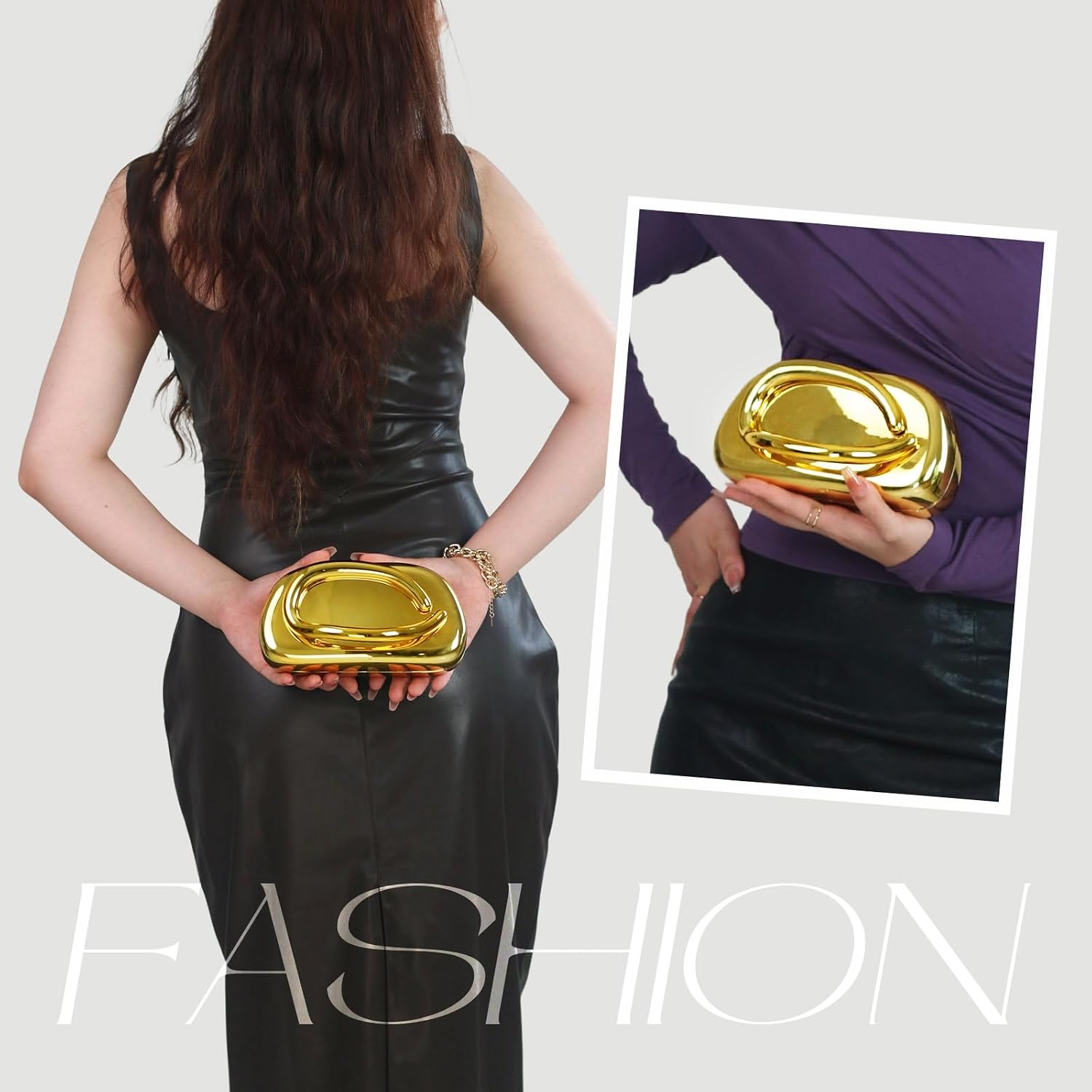 Women's Gold Acrylic Clutch with Metal Handle and Chain
