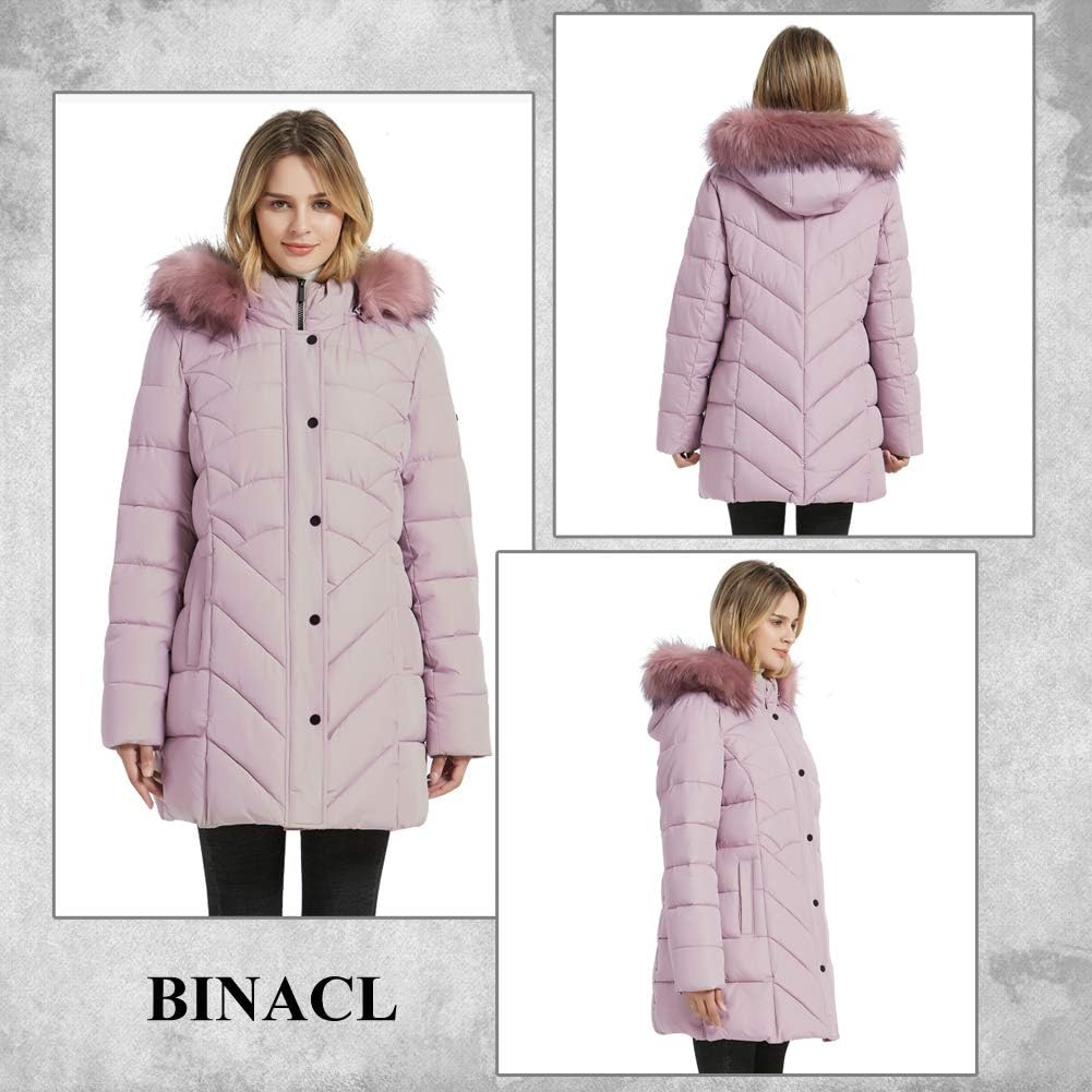 Women's Long Puffer Parka Coat Faux Fur Hood Pink