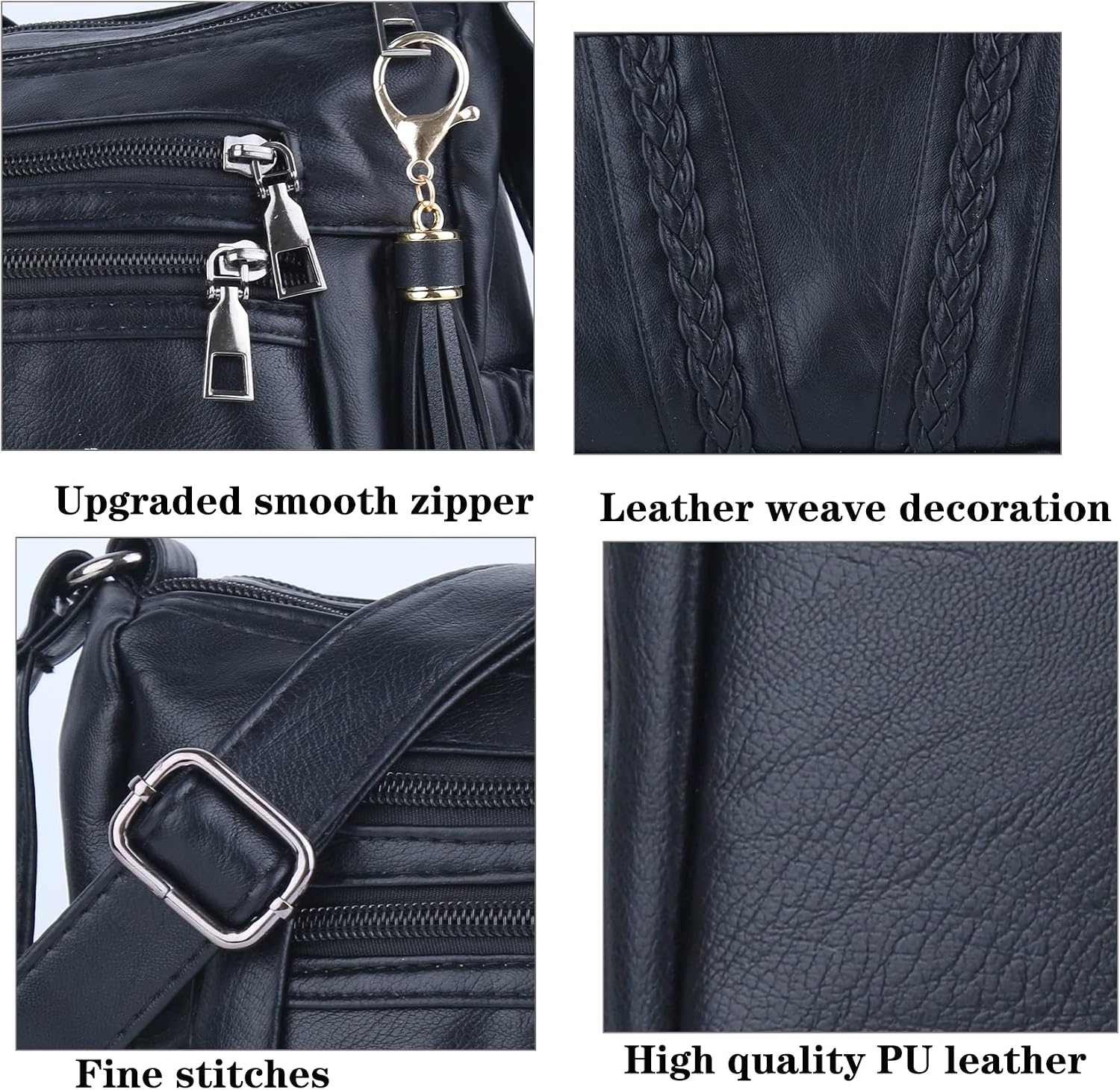Women's Braided Weave Multi-Zip Shoulder Bag Black