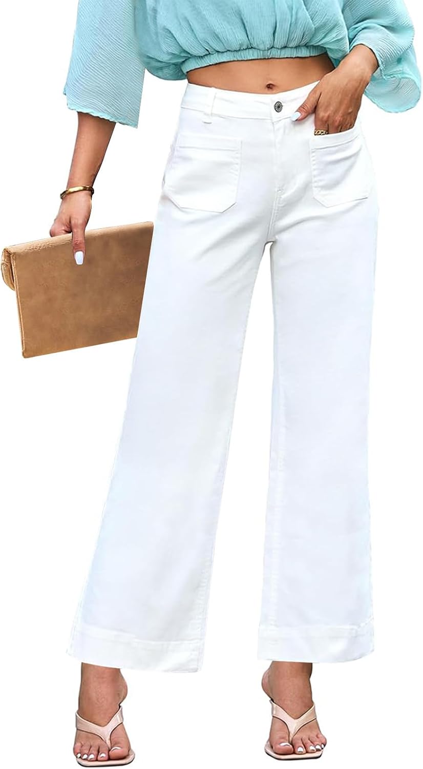 Women's High Waisted Wide Leg Jeans White Stretch Denim