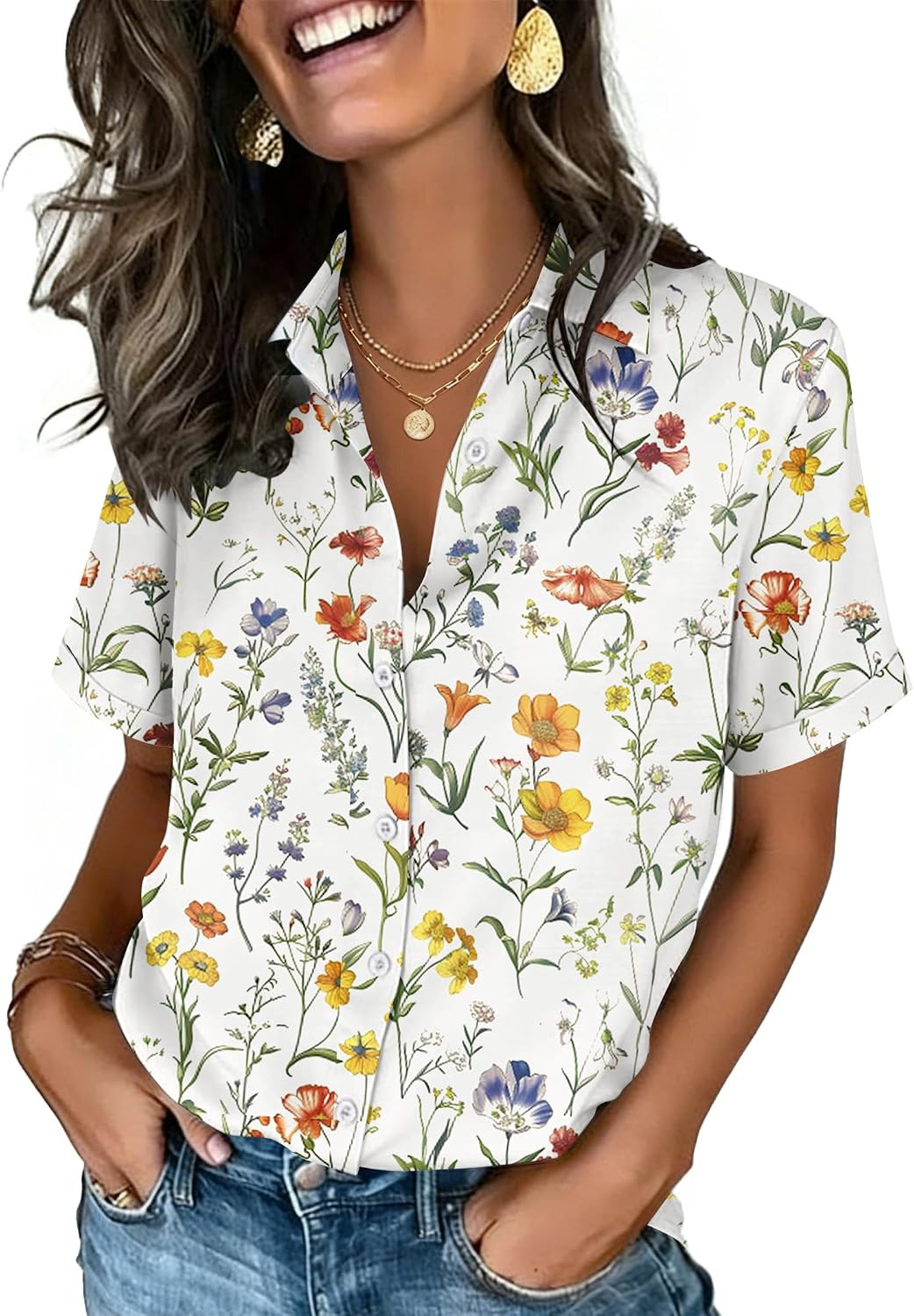 Button Down Shirts for Women Short Sleeve Collared Tops Dressy V Neck Blouses