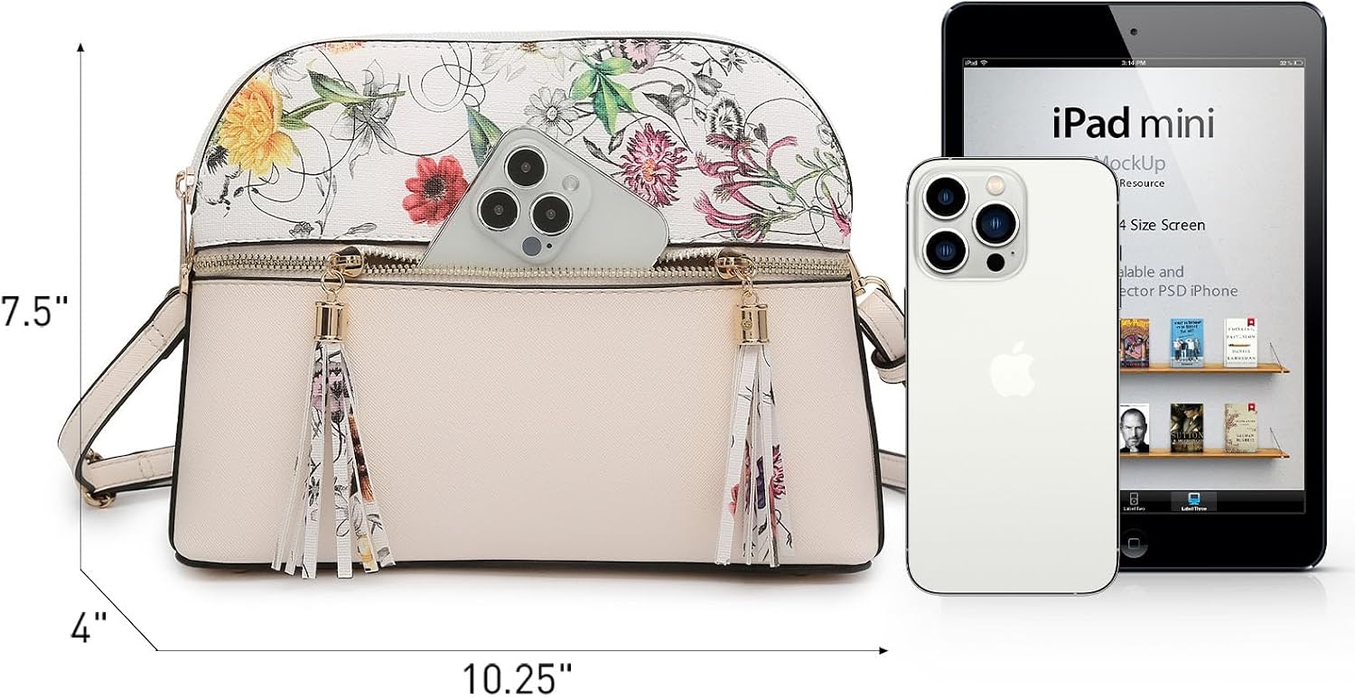 Women's Beige Floral-Print Dome Crossbody Bag Tassel