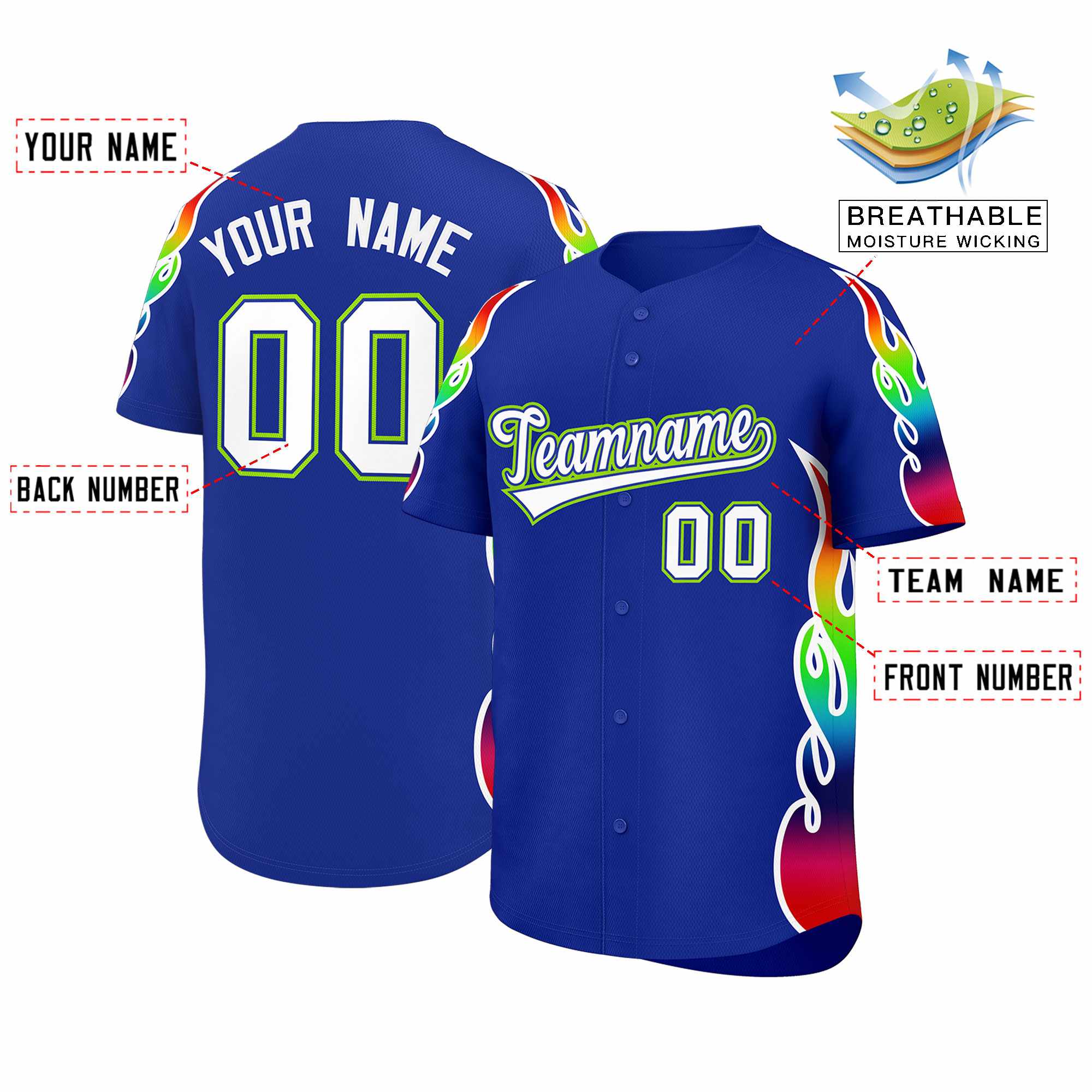 Benutzerdefiniertes Graffiti-Muster, personalisierter mehrfarbiger Flammendruck, authentisches Baseball-Trikot