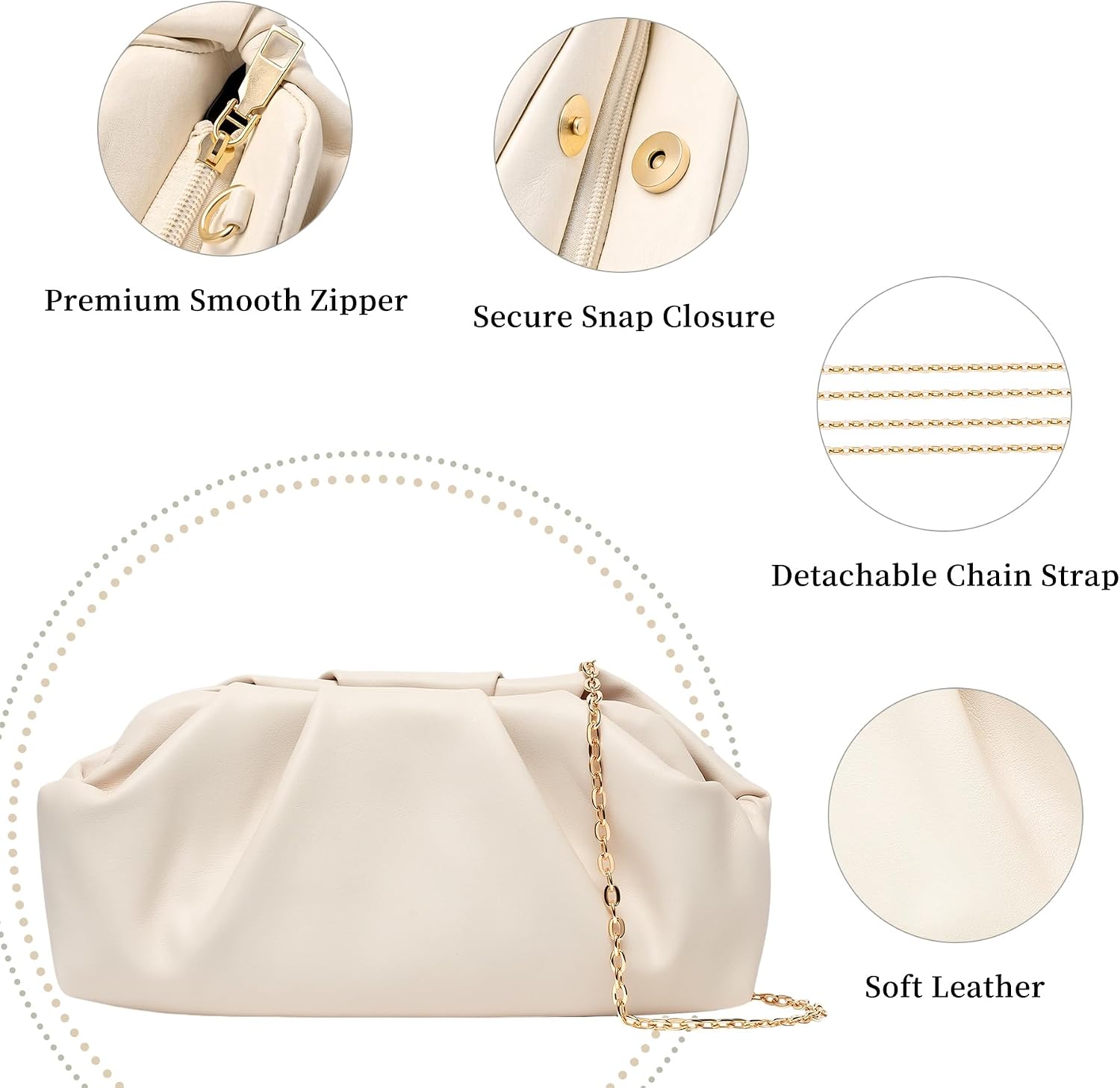 Women's Ruched Cloud Clutch Purse with Detachable Gold Chain