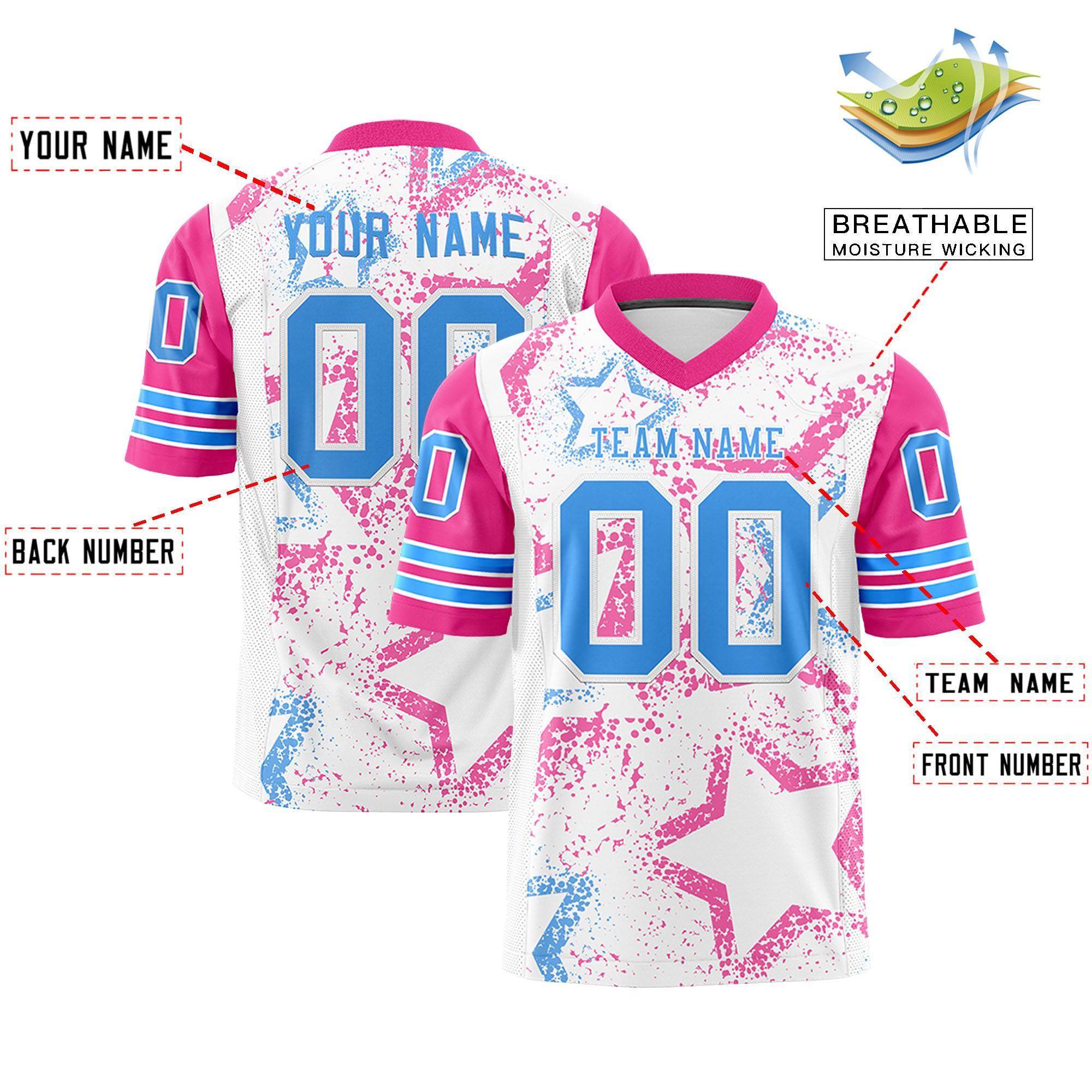 Benutzerdefiniertes, personalisiertes, authentisches Fußballtrikot mit Sternmuster-Design in Weiß, Rosa und Puderblau
