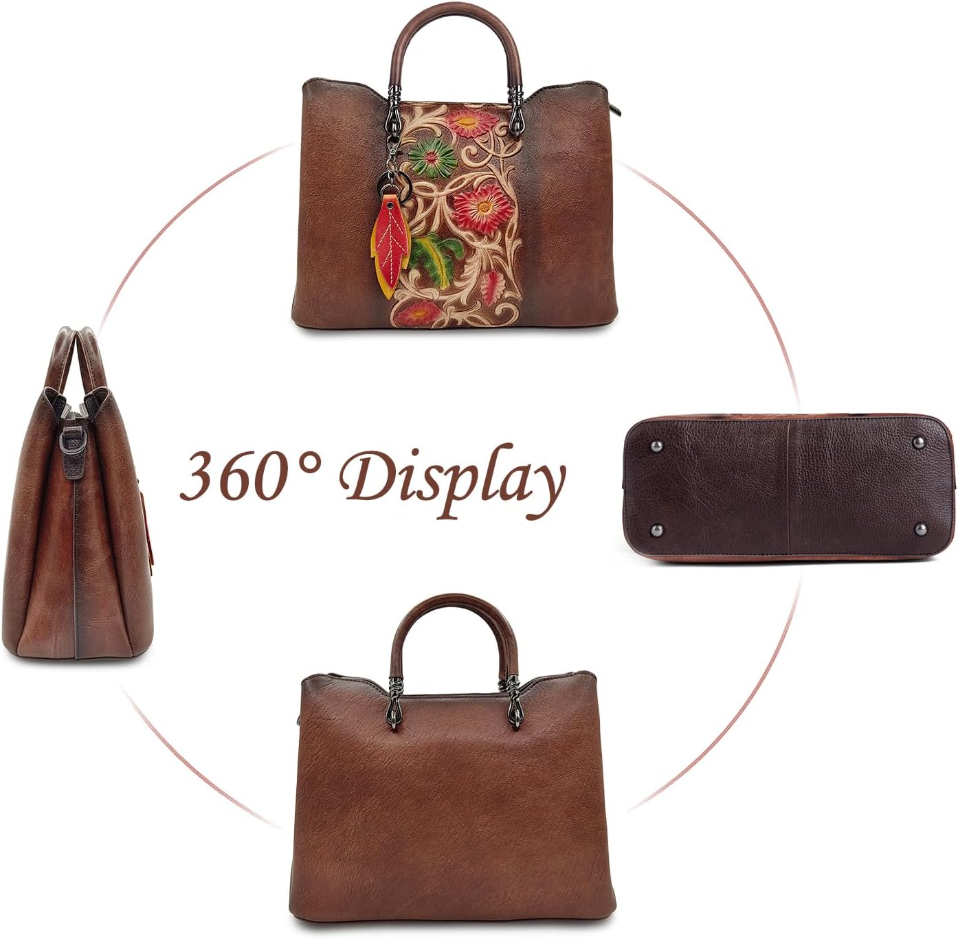 Women's Floral Tooled Leather Top Handle Tote Bag Brown