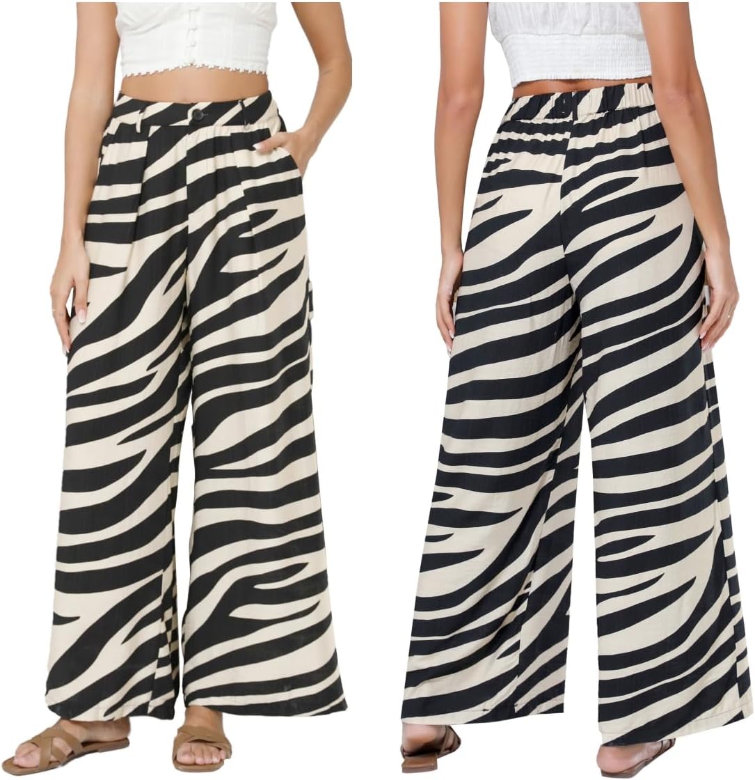 Women Elastic Waist Palazzo Wide Leg Zipper and Button Dress Pant with Pockets for Office Vocation
